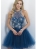 Navy Blue Tulle Beaded Halter Knee Length Prom Dress